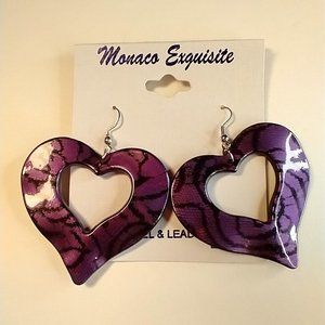 Monaco Exquisite Acrylic Purple and Black Heart Snake Print Dangle Drop Earrings